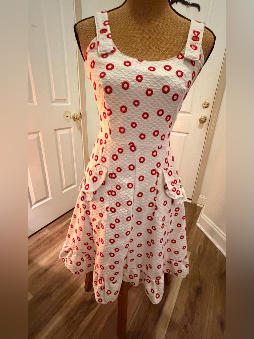 Vintage 1970s ACT I New York Red & White Embroidered Sundress Ruffle Pocket